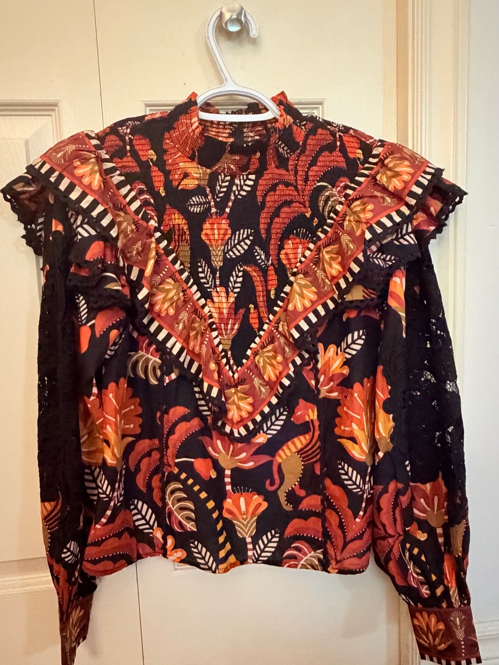 FARM Rio Black Multicolor High-Neck Ruffled Floral Blouse